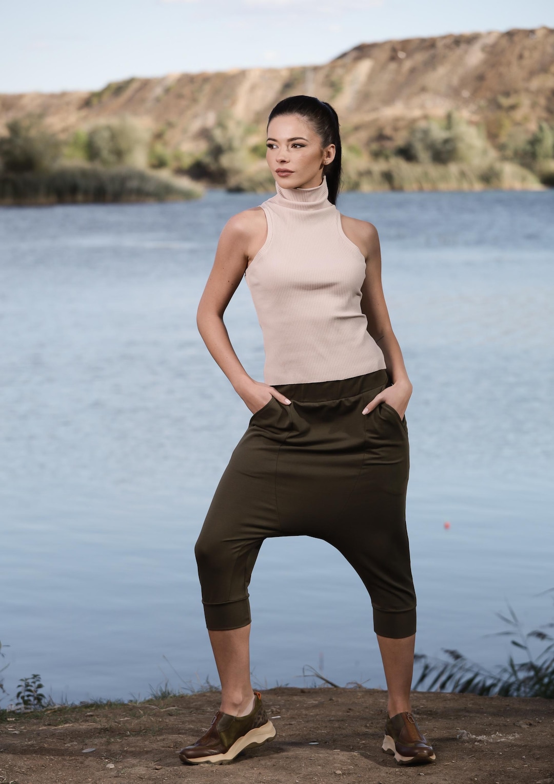 Short Harem Pants Women, Drop Crotch Shorts, Summer Khaki Baggy