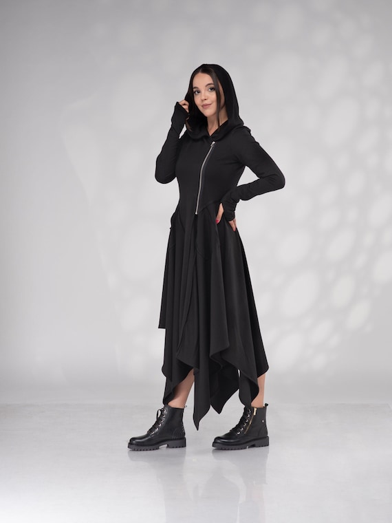 Black Sweatshirt Hoodie Dress Asymmetrical, Avant Garde Dress With