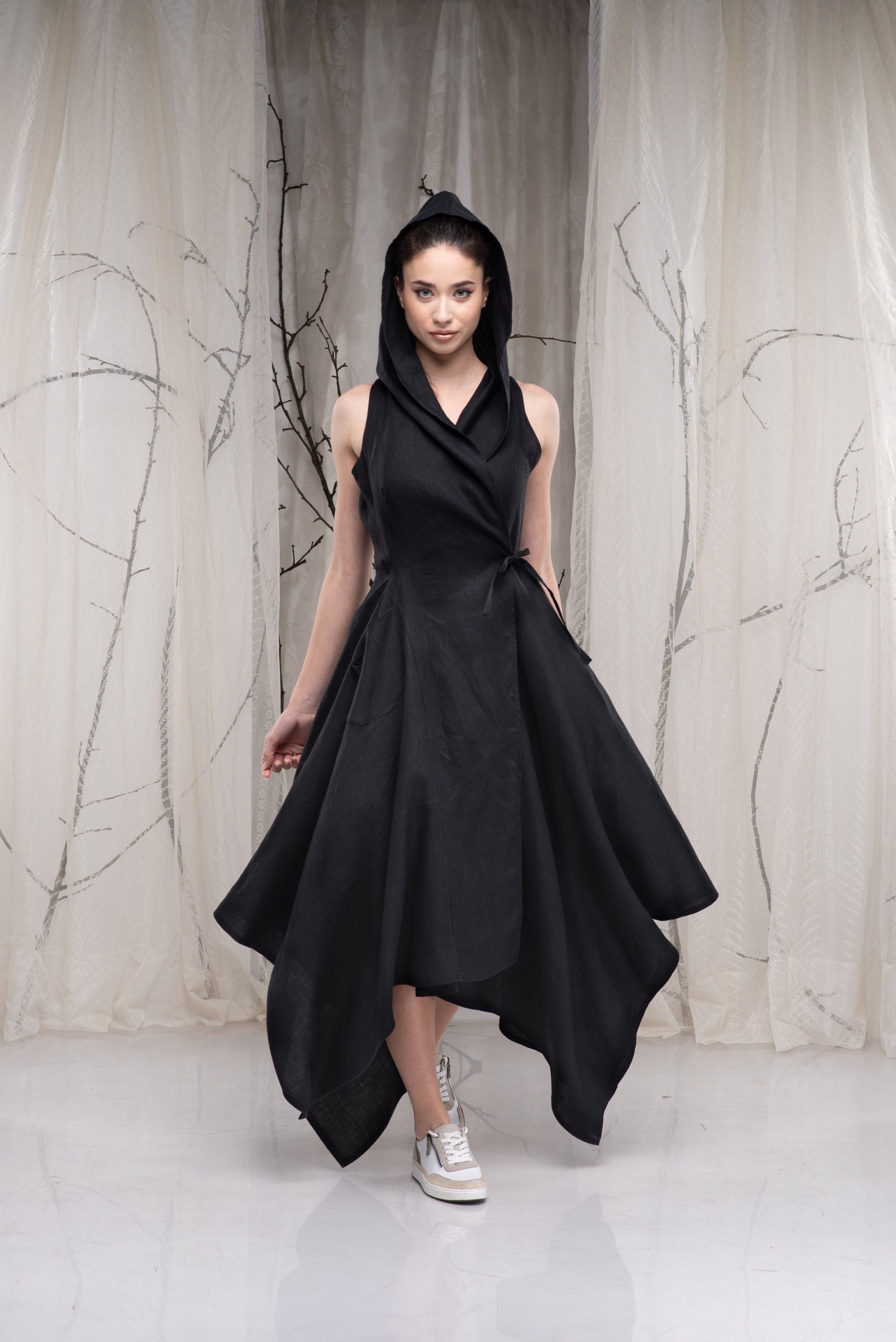 formal dress with hood Hooded Linen Wrap Dress, Asymmetrical Maxi Dress with Hood