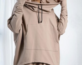 Cowl Neck Hoodie Sweatshirt, Big Hood Hoodie With Thumb Hole