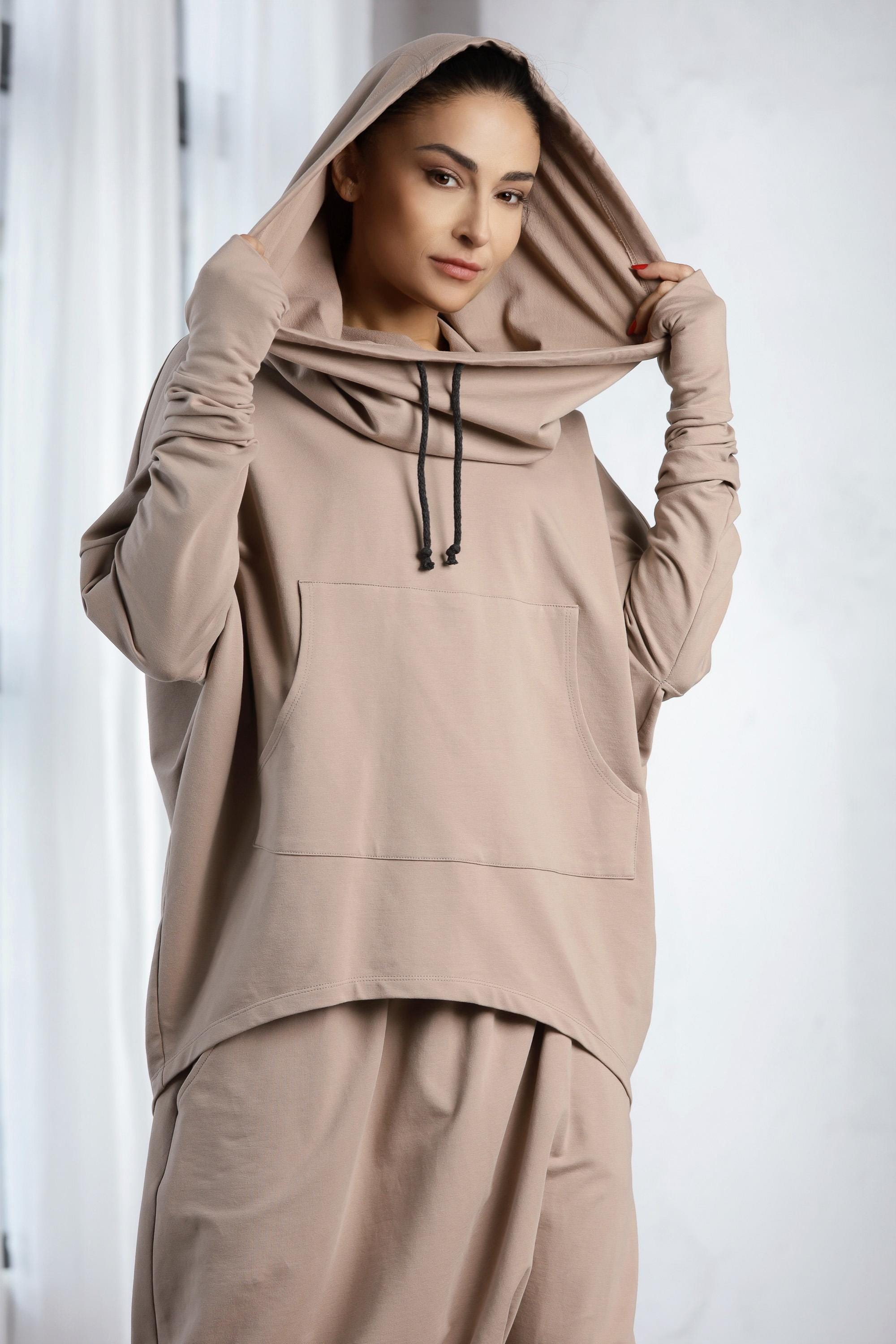 Cowl Neck Hoodie Sweatshirt, Big Hood Hoodie With Thumb Hole