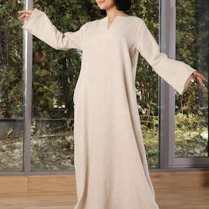 Linen Kaftan Dress, Linen Maxi Dress Women, Long Linen Dress with Funnel Long Sleeves