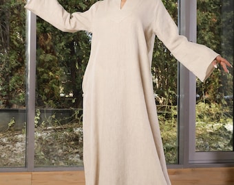 Vestido largo caftán de lino para mujer, vestido largo de verano con mangas abullonadas