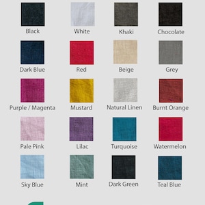 May include: Colour palette chart showing 16 different linen fabric colours. The colours are: black, white, khaki, chocolate, dark blue, red, beige, grey, purple/magenta, mustard, natural linen, burnt orange, pale pink, lilac, turquoise, watermelon, sky blue, mint, dark green, and teal blue.