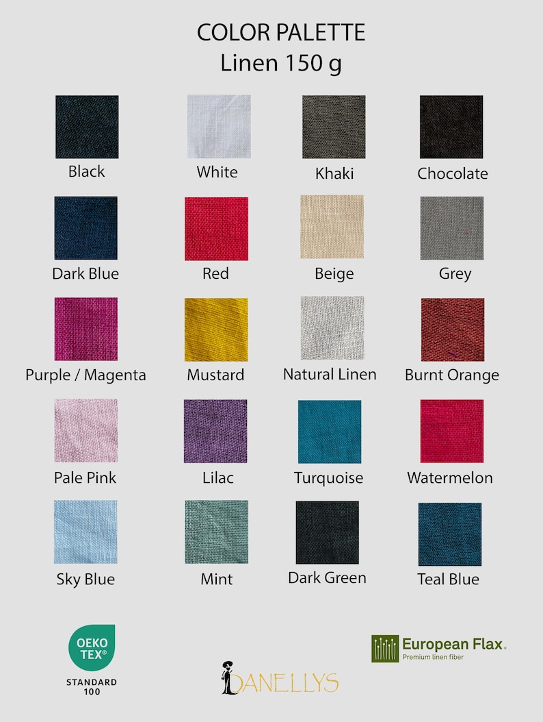 May include: Colour palette chart showing 16 different linen fabric colours. The colours are: black, white, khaki, chocolate, dark blue, red, beige, grey, purple/magenta, mustard, natural linen, burnt orange, pale pink, lilac, turquoise, watermelon, sky blue, mint, dark green, and teal blue.