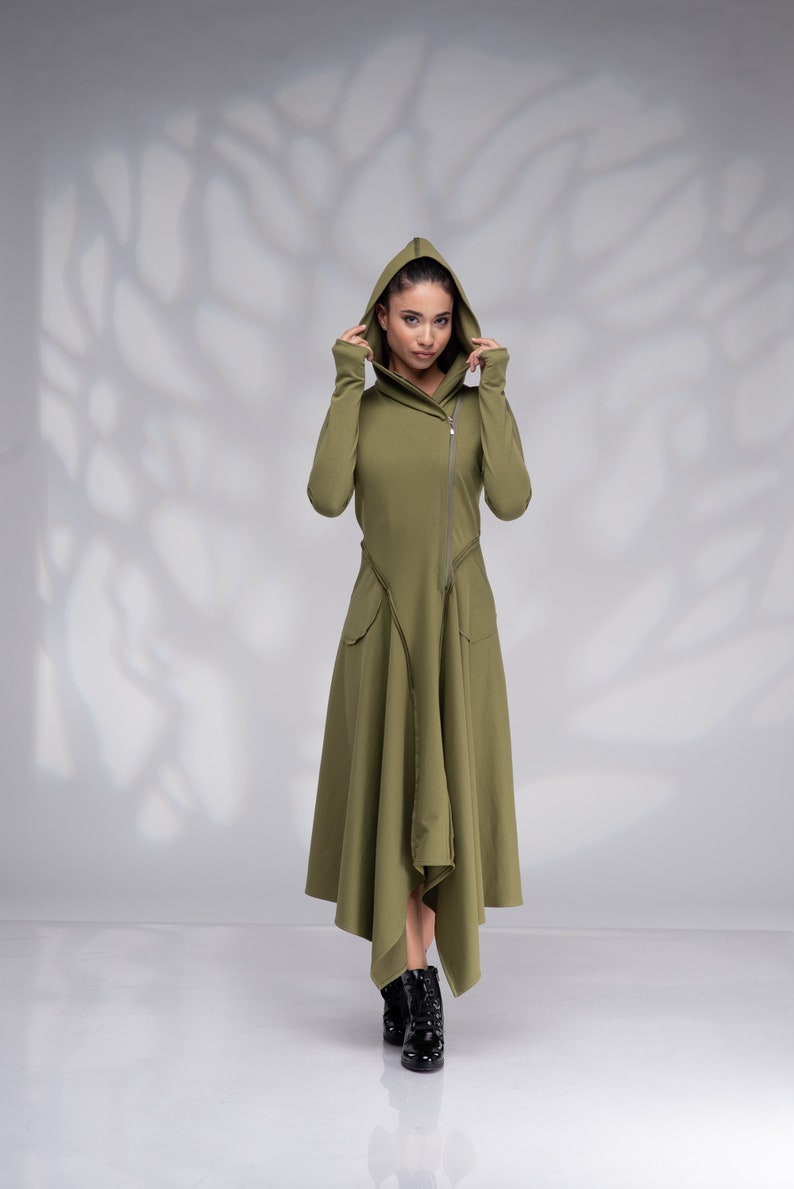 Robe sweat-shirt à capuche, robe avant-garde avec capuche, robe à capuche zippée, robe asymétrique Olive