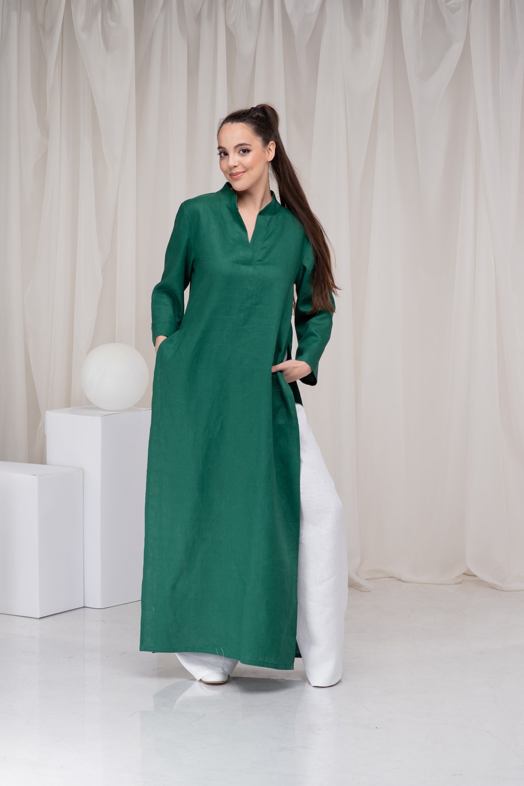 Linen Tunic Dress Long Sleeve, Linen Abaya, Linen Tunics Tops for Women