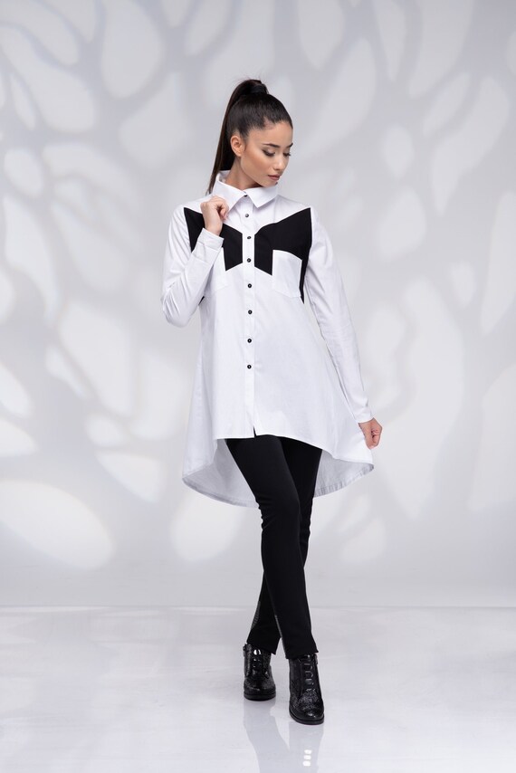 Button up shirt wit shirt dames tuniekshirt kraagshirt