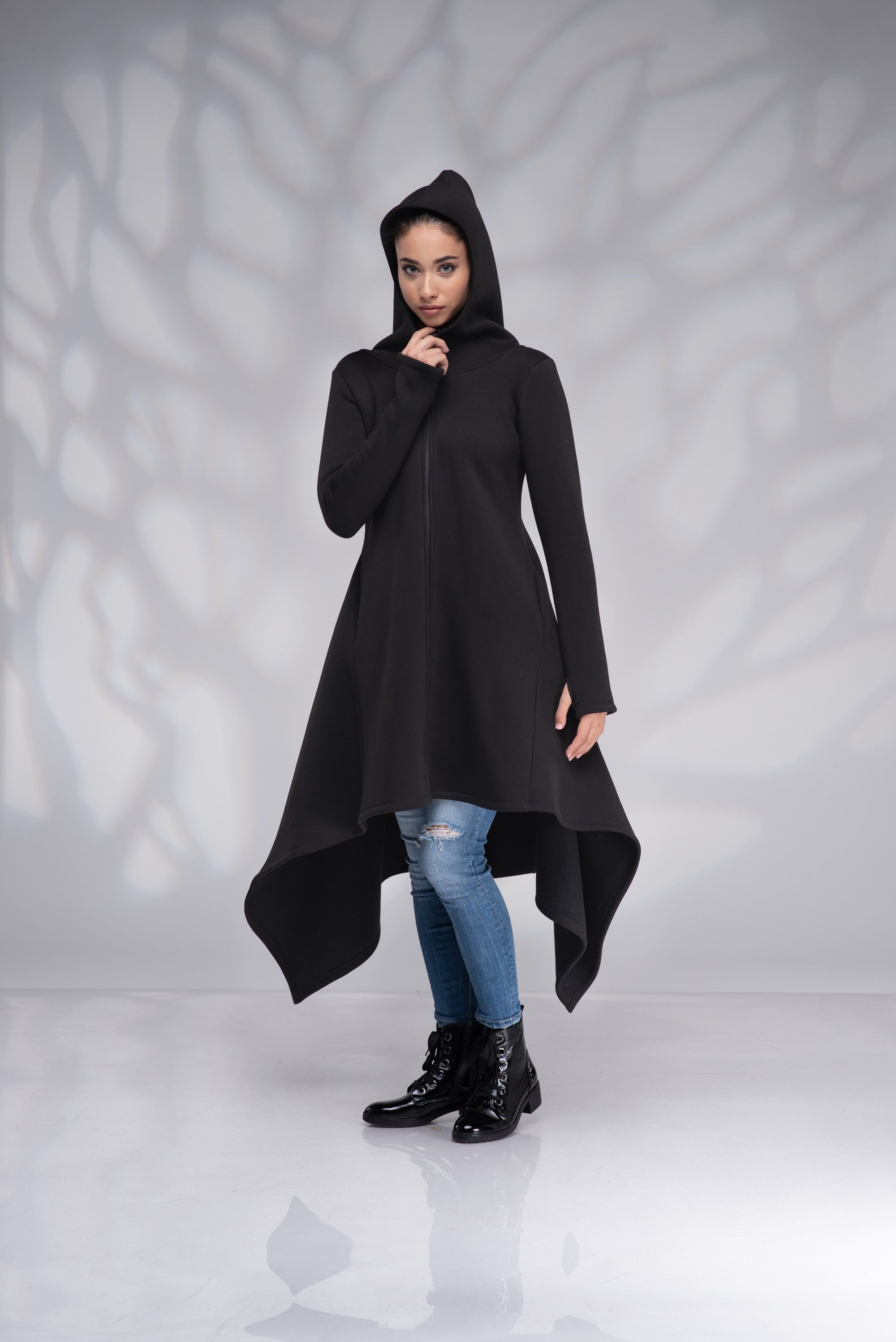 Cotton Hooded Coat, Hooded Maxi Jacket, Long Zip up Hodie, Black