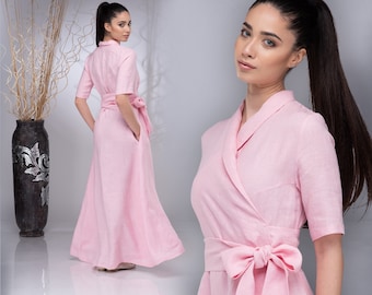 Long Wrap Linen Dress Women, Summer Maxi Dress with Shawl Collar