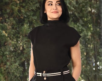 Schwarze Leinen Avantgarde Bluse Kurzarm, Elegantes Leinen Top für Frauen
