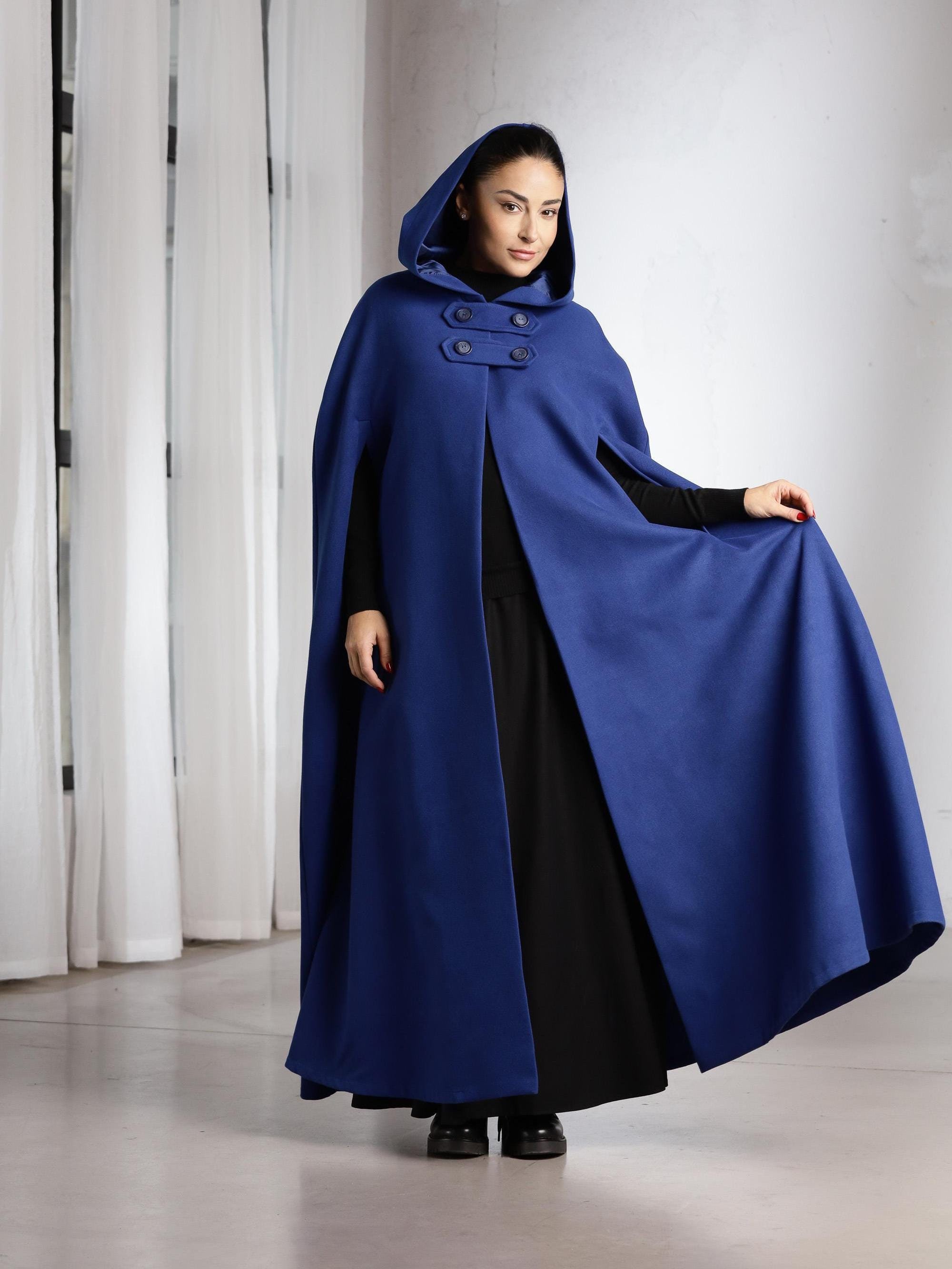 フード付きウールマント、冬用ケープ、ウールケープコート、ウール