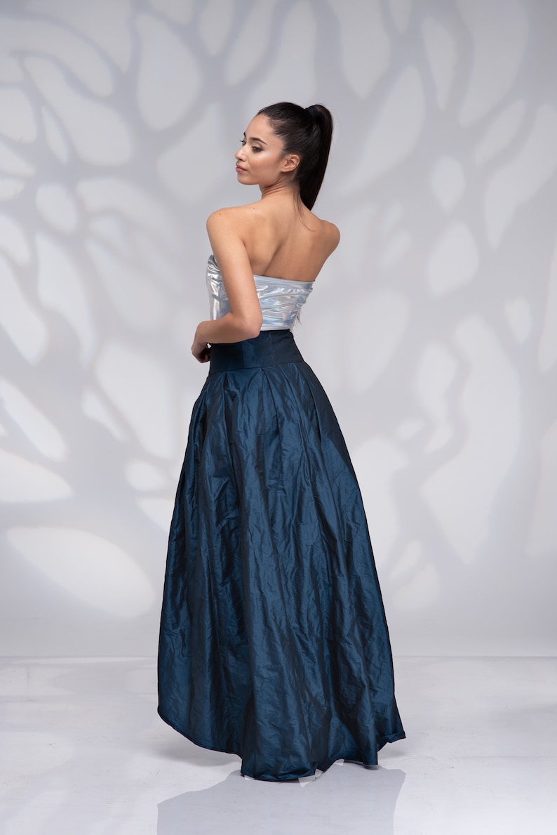 Formele lange maxi rok, hoog getailleerde rok, trouwrok, bruidsrok, blauwe Taffeta rok, asymmetrische rok afbeelding 3