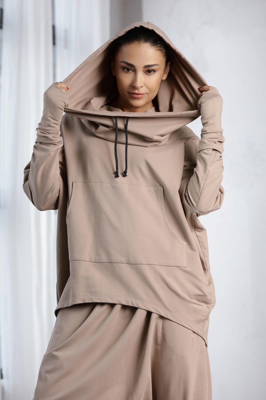 Cowl Neck Hoodie, Oversized Hooded Sweatshirt for Women With Thumb