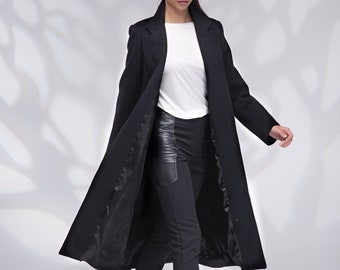 Manteau en laine femme, manteau d'hiver noir, long manteau maxi, manteau grande taille, manteau avec ceinture