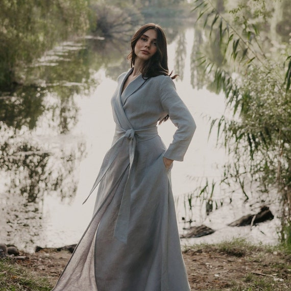CHICLINE[チックライン] Smulders shawl collar dress Linen Maxi Wrap Dress, Long Shawl Collar Linen Dress, Boho