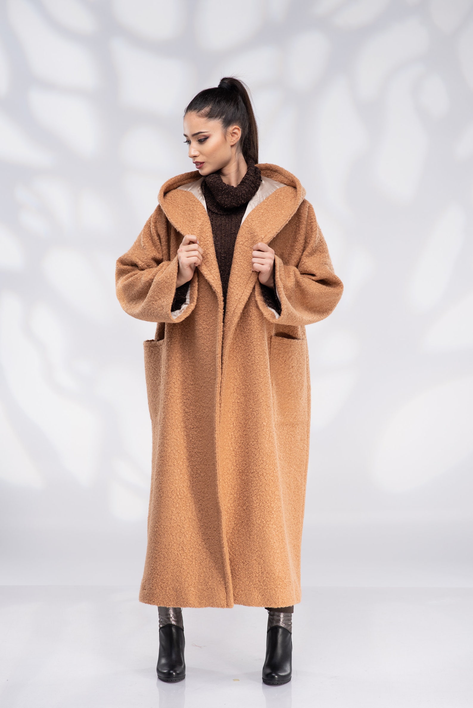 Wool Coat Women Hooded Camel Plus Size Coat Etsy