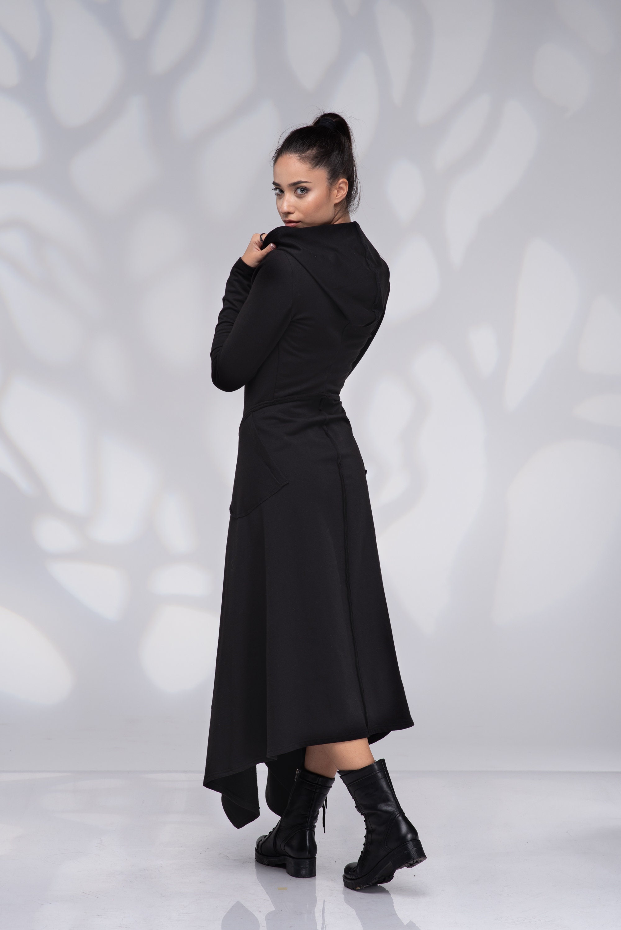 Maxi Sweatshirt Hoodie Dress, Black Long Hooded Dress