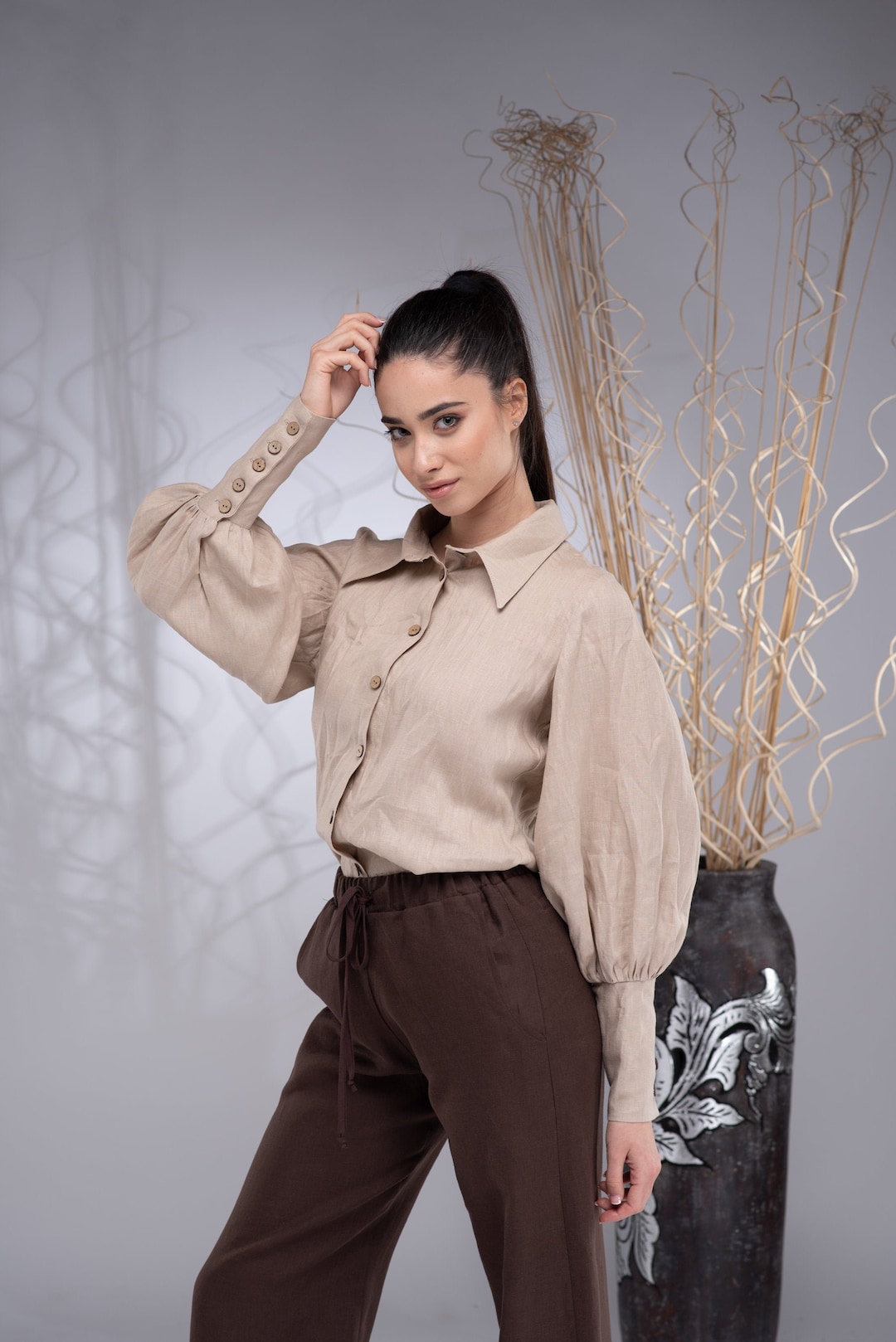 Linen Victorian Blouse, Puffy Sleeve Blouse, Linen Button up