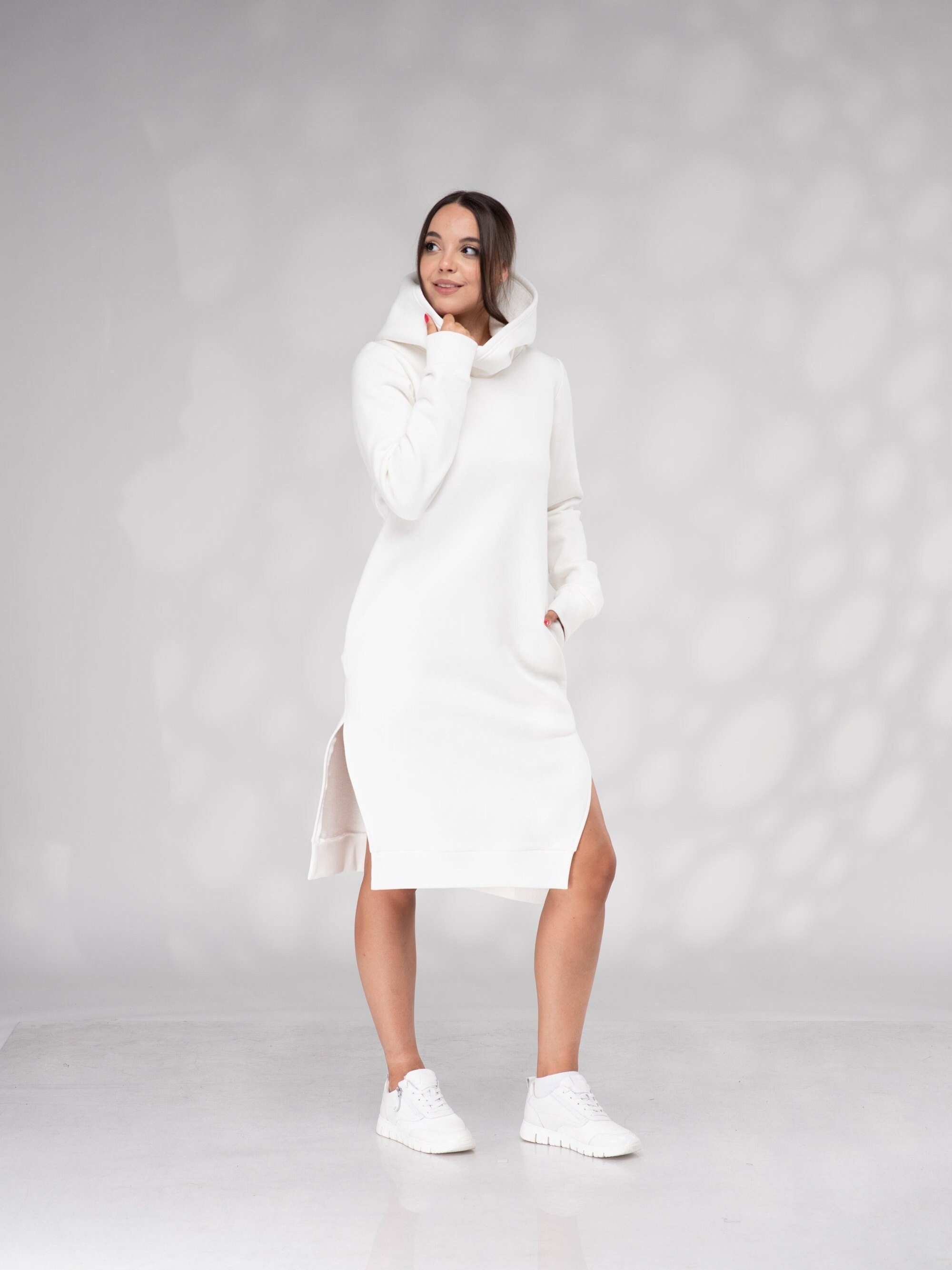 White Hoodie Sweatshirt Dress, Winter Hooded Dress, Winter