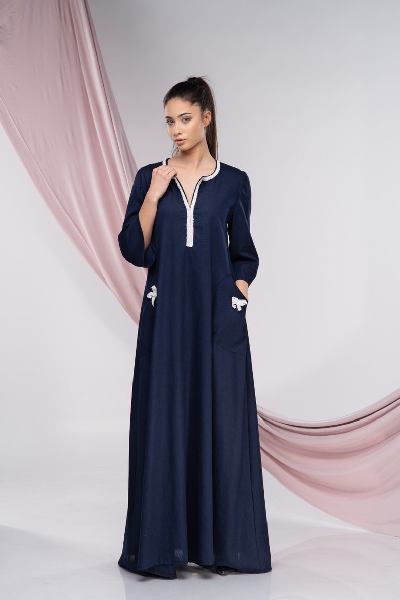Linne Kaftan Maxiklänning, Broderad Boho Abaya bild 4