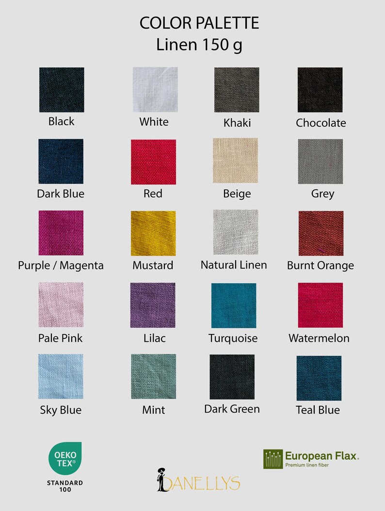 May include: Color palette chart showing 16 different linen fabric colors. The colors are: black, white, khaki, chocolate, dark blue, red, beige, grey, purple/magenta, mustard, natural linen, burnt orange, pale pink, lilac, turquoise, watermelon, sky blue, mint, dark green, and teal blue.