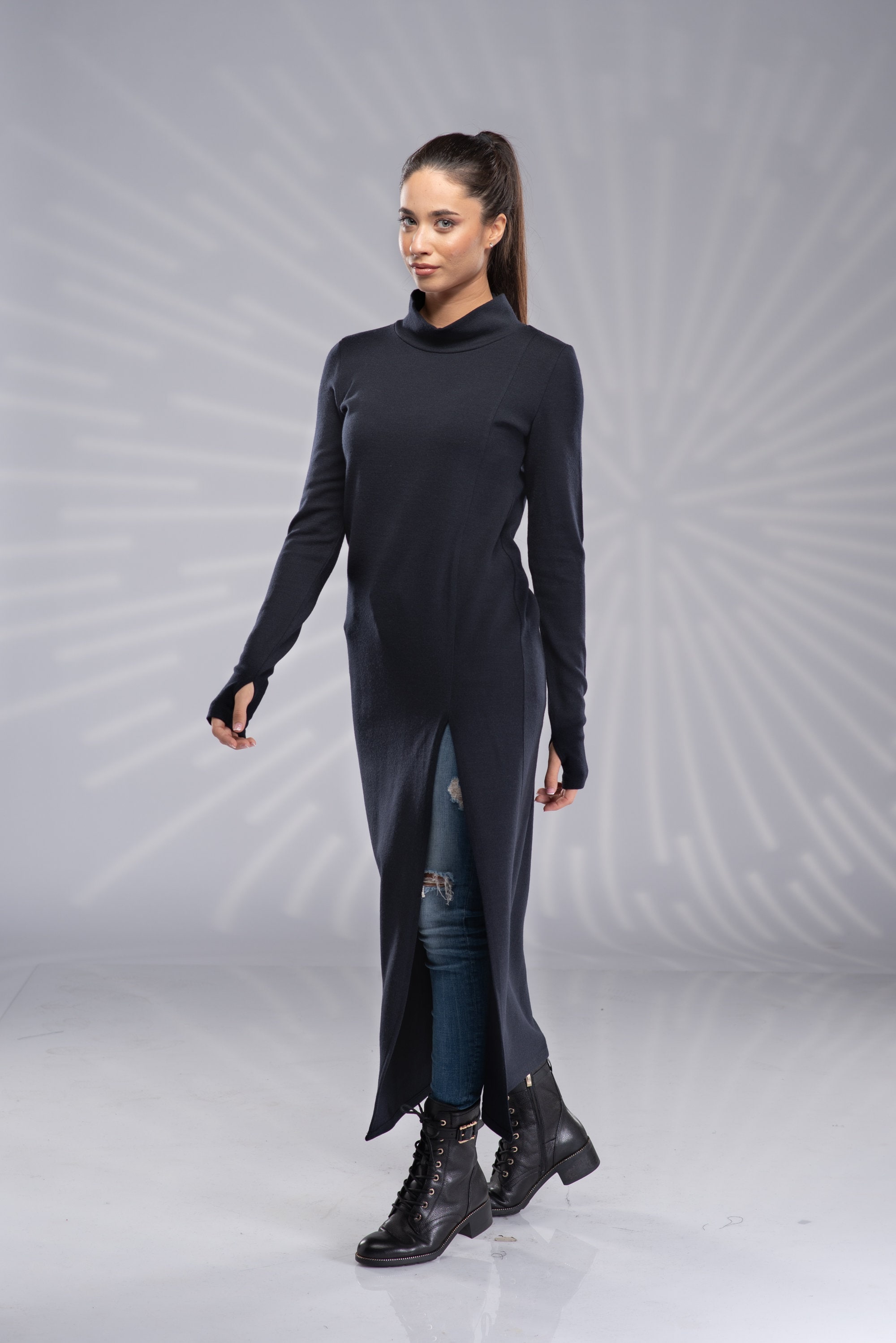 トゥデイフル slit neck knit dress 36 Maxi Tunic Sweater Dress Side Slit, Turtleneck Dress