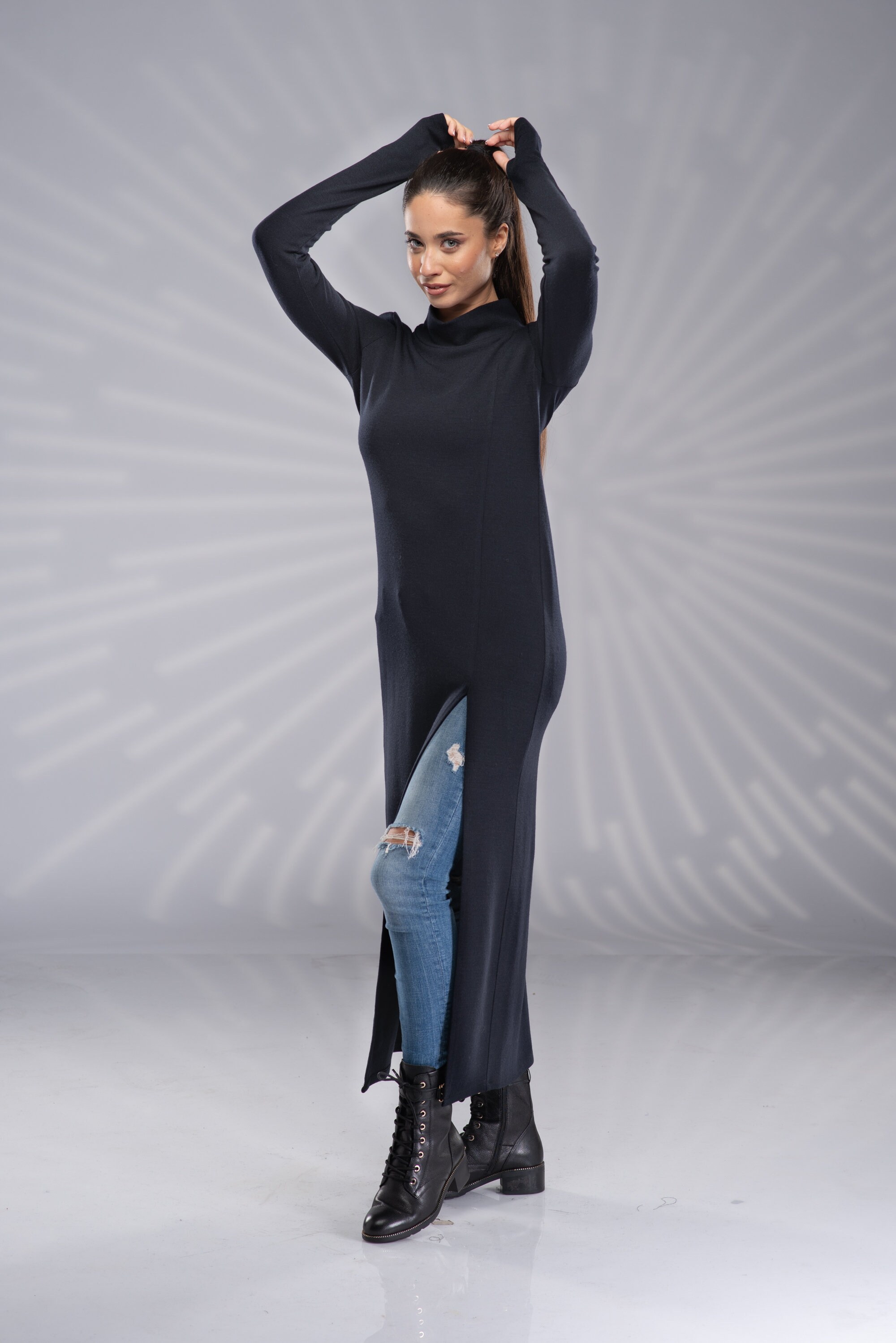 トゥデイフル slit neck knit dress 36 Maxi Tunic Sweater Dress Side Slit, Turtleneck Dress