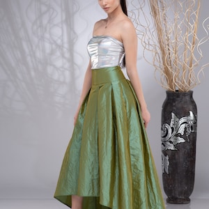 Formele lange maxi rok, hoog getailleerde rok, trouwrok, bruidsrok, blauwe Taffeta rok, asymmetrische rok Green (3)