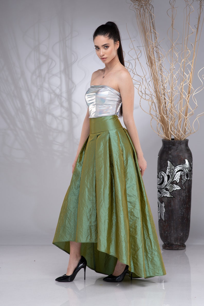 Formele lange maxi rok, hoog getailleerde rok, trouwrok, bruidsrok, blauwe Taffeta rok, asymmetrische rok Green (3)