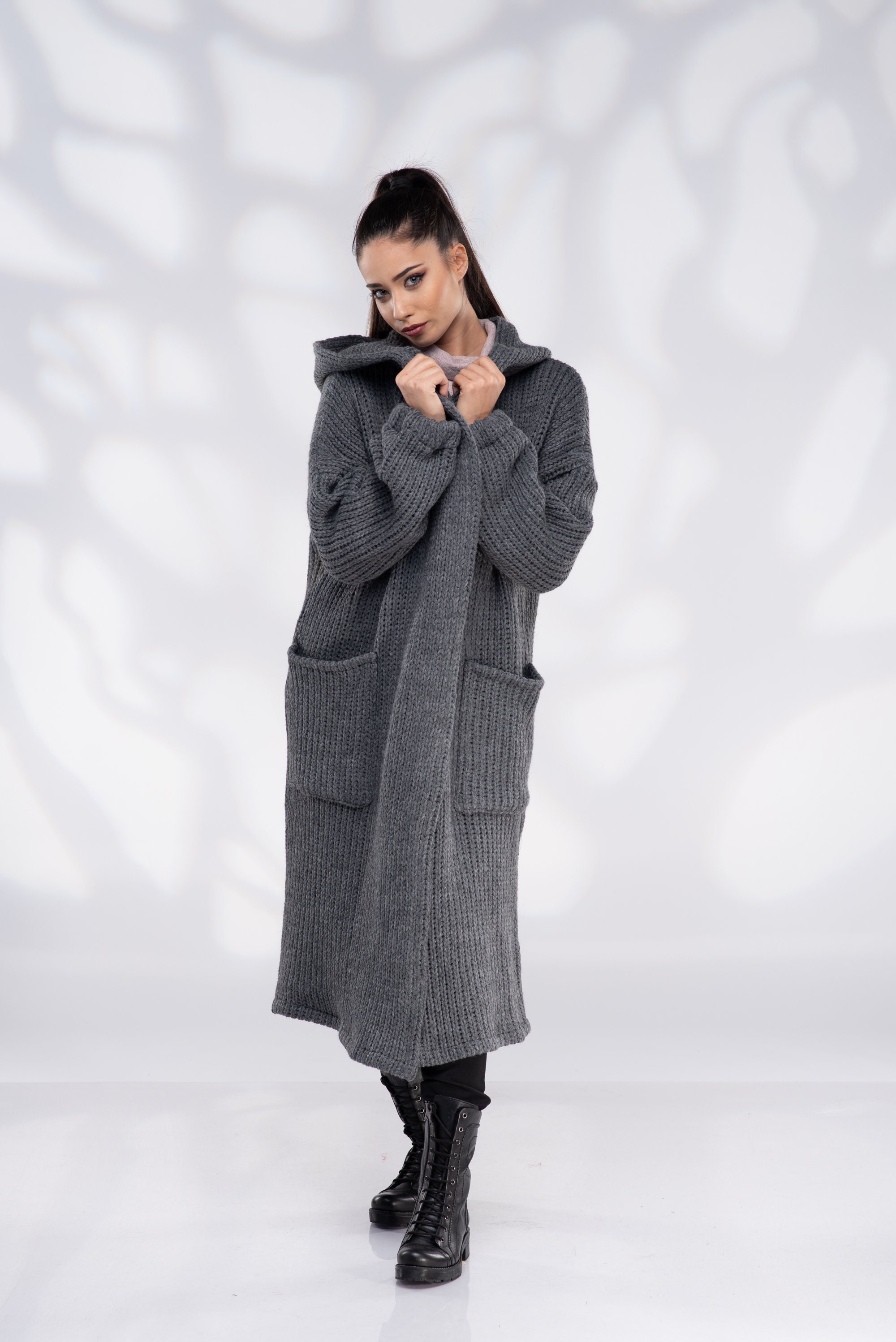 Long sweater top coat with hood
