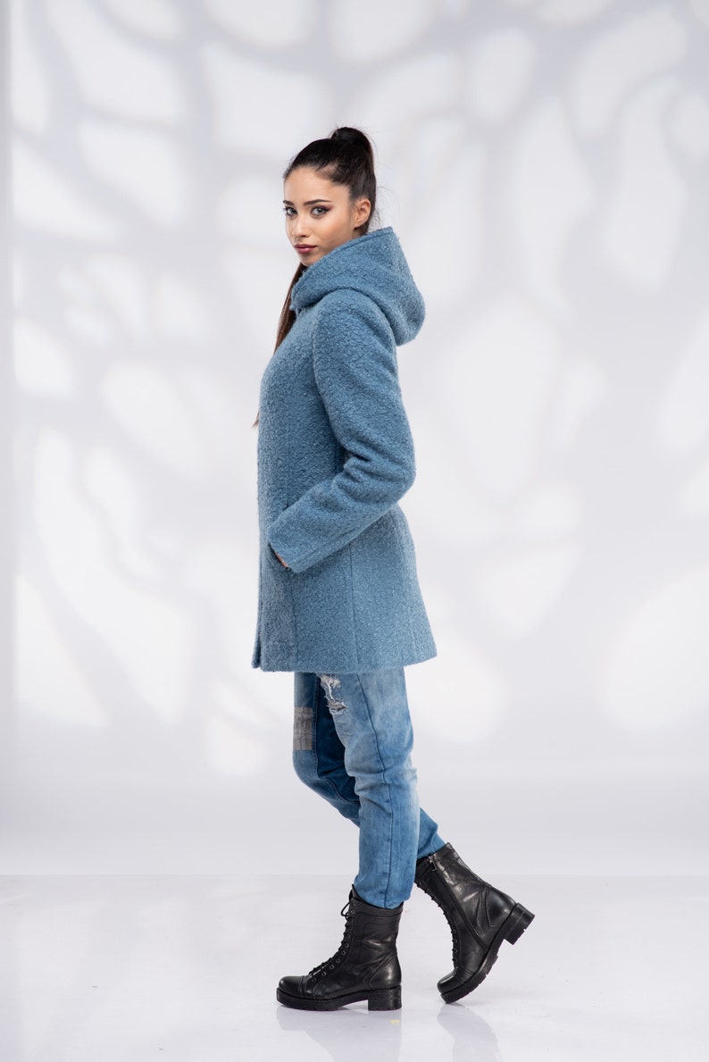 Wool Coat Women, Short Hooded Coat with Zipper image 3