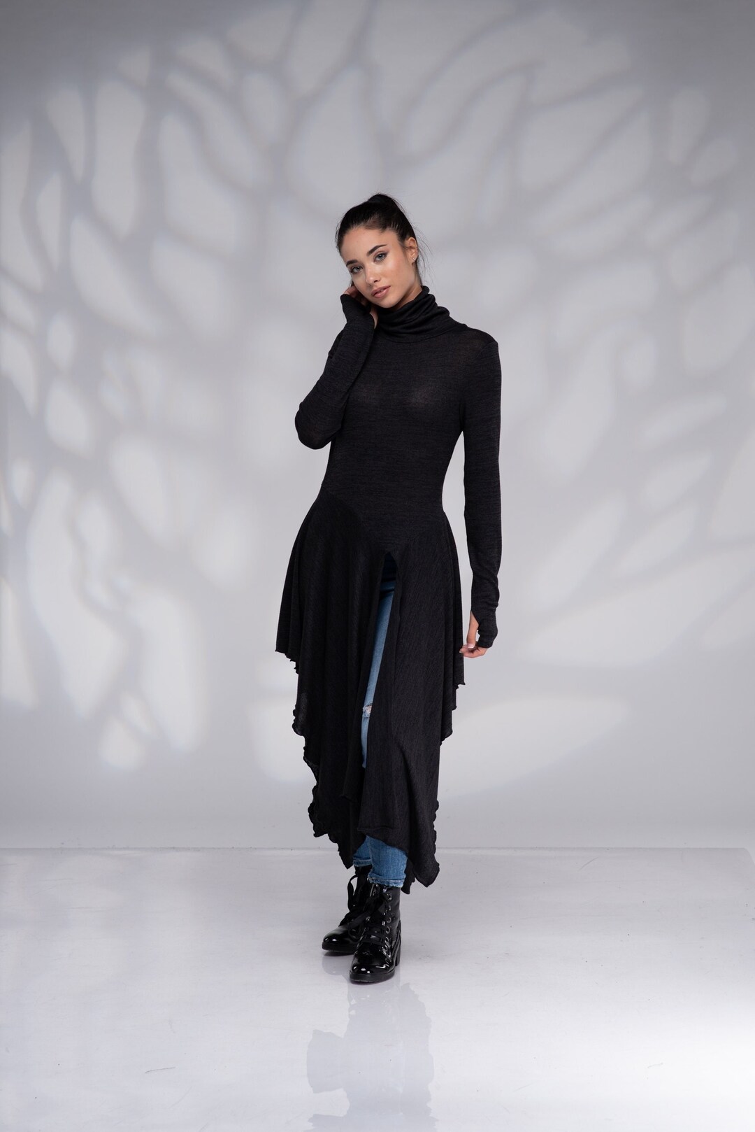 Pull tunique asymétrique, tunique longue noire, tunique à col roulé, haut long décontracté avec