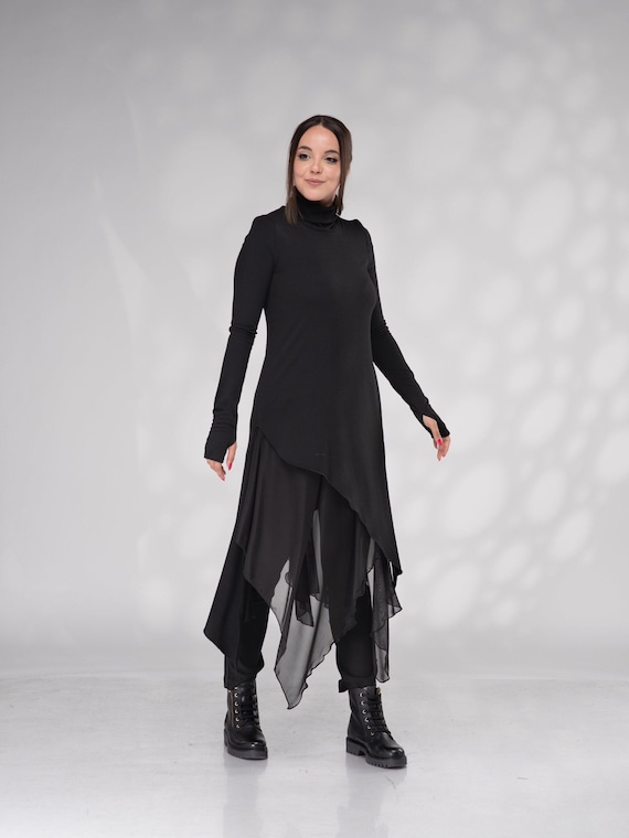 Long Black Turtleneck Asymmetrical Tunic High Low Tunic Long Tulle Tunics Asymmetric Ruffle Etsy
