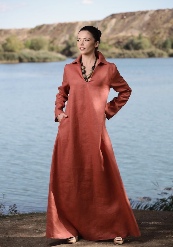 burnt orange maxi dress Linen Kaftan for Women with Long Sleeves and V-neckline (6) / S / 100% Linen length A Sexy Rust Orange Maxi Dress