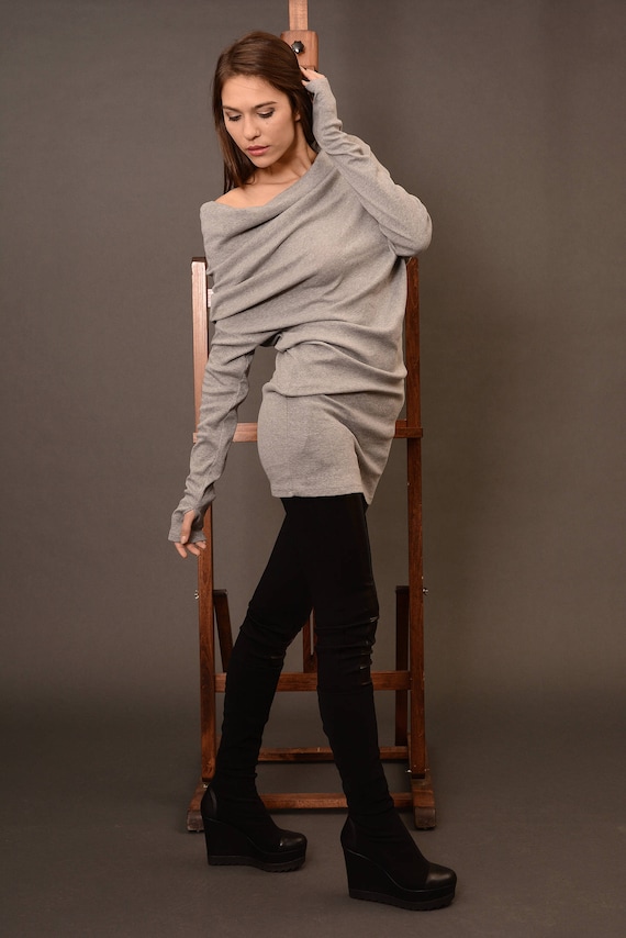 Off Shoulder Knit Sweater Dress, Wool Sweater with Thumb Holes Off Shoulder Knit Sweater Dress, Wool Sweater with Thumb Holes