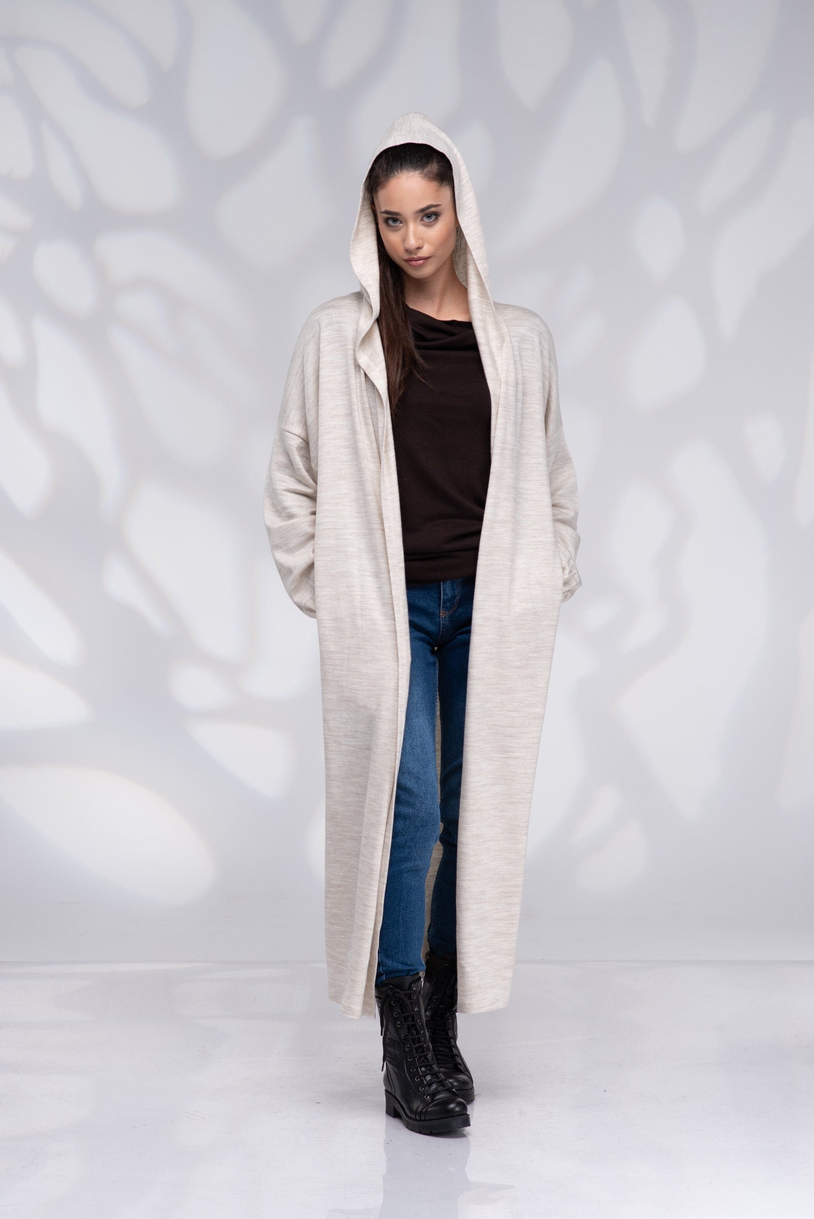 long hooded cardigan outfit