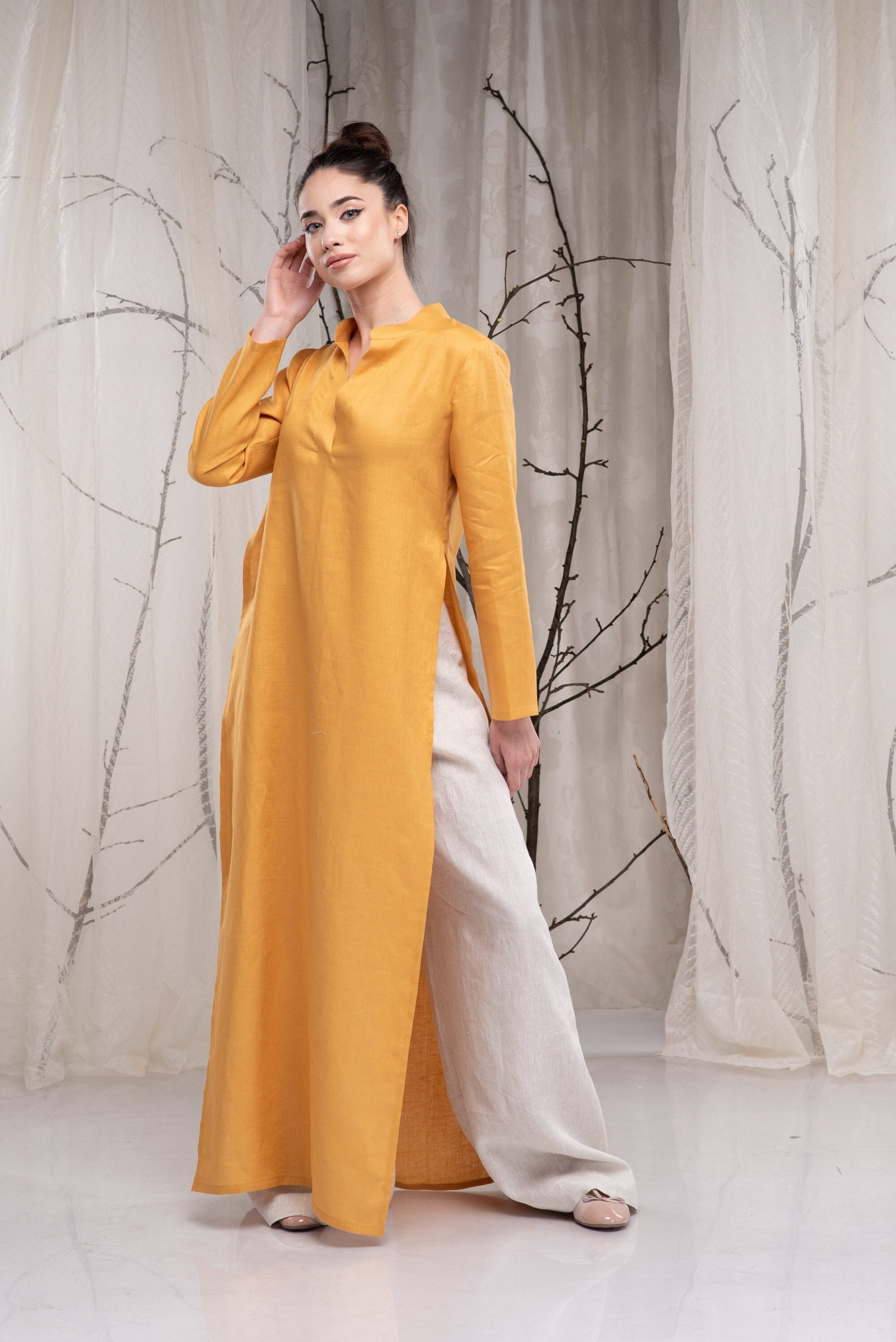 Long Linen Tunic for Women, Linen Shirt Dress With Two Slits