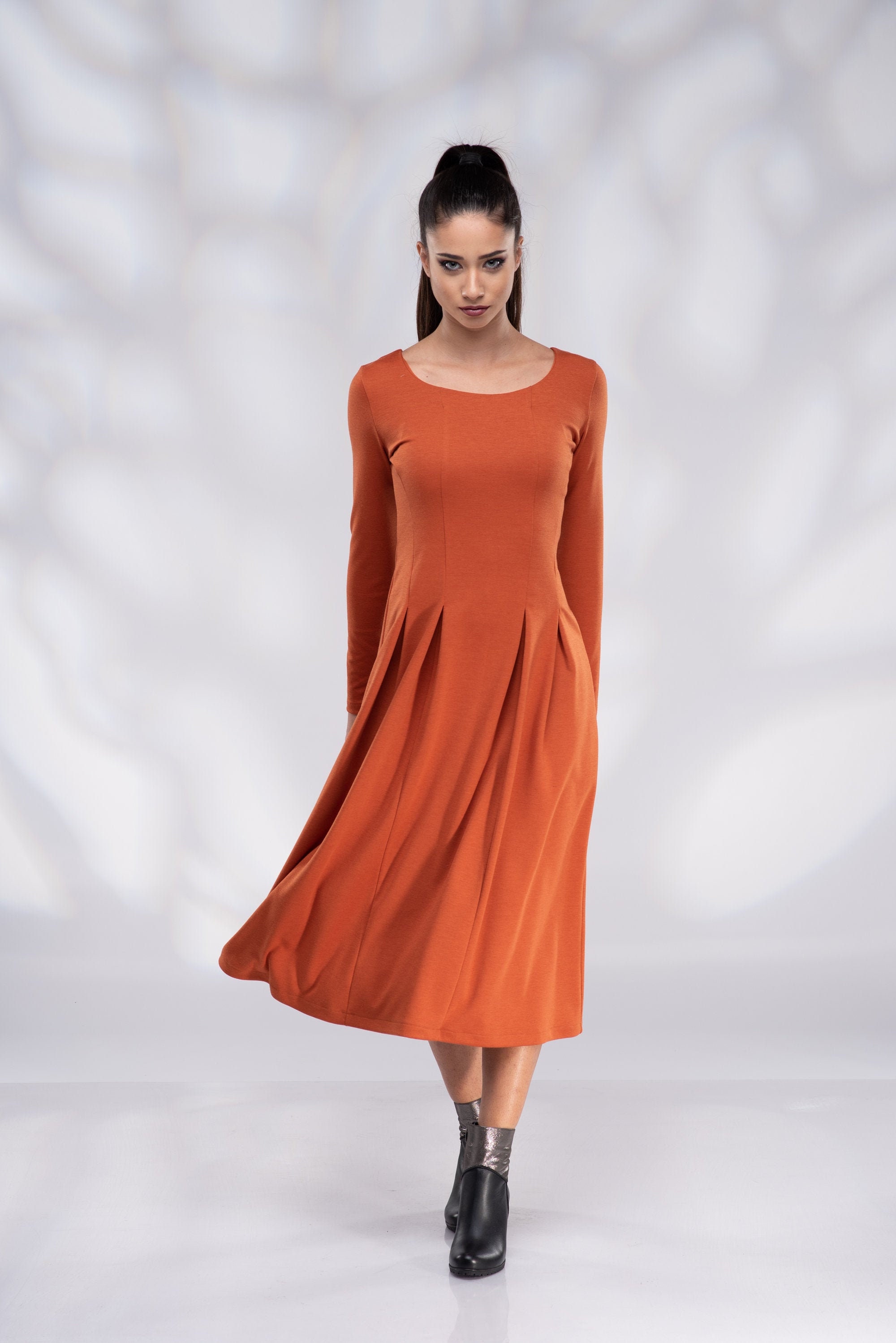 burnt orange midi dress