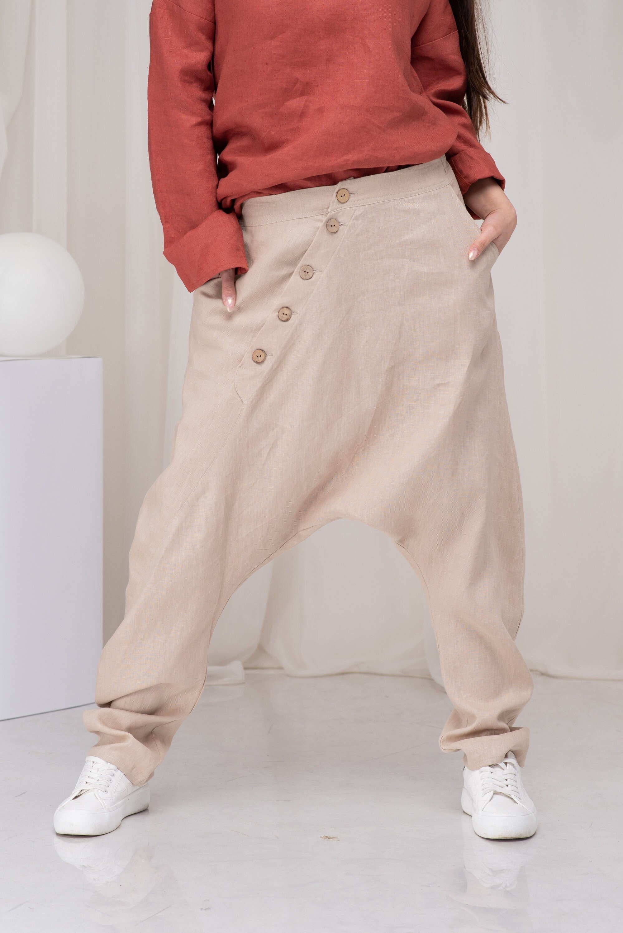Avant Garde Harem Pants Women, Linen Drop Crotch Pants, Unisex