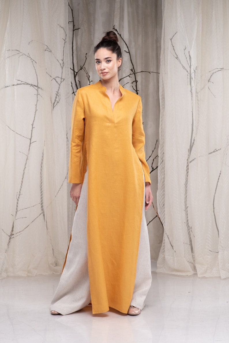 Lange Leinen Tunika für Frauen, Leinen Shirt Kleid mit Zwei Schlitzen auf der Seite, Leinen Tunika Tops für Frauen, Langarm Leinen Tunika Kleid Mustard (13)