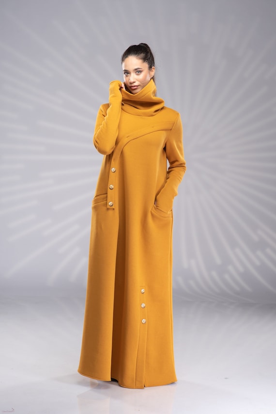 Winter Maxi Plus Size Turtleneck Kaftan Dress Cappuccino (7) / Xs / Cotton Fleece