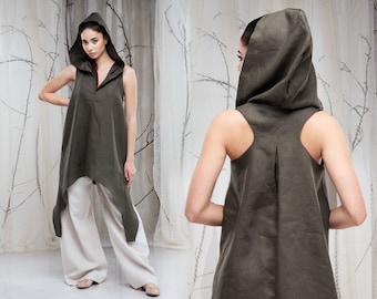 Hooded Linen Tunic Women, Linen Shirt Sleeveless, Asymmetrical Hoodie Top