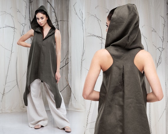 Hooded Linen Tunic Women, Linen Shirt, Sleeveless Tunic Tops, Linen Hoodie  Top, Asymmetrical Tunic, Summer Plus Size Tunic 