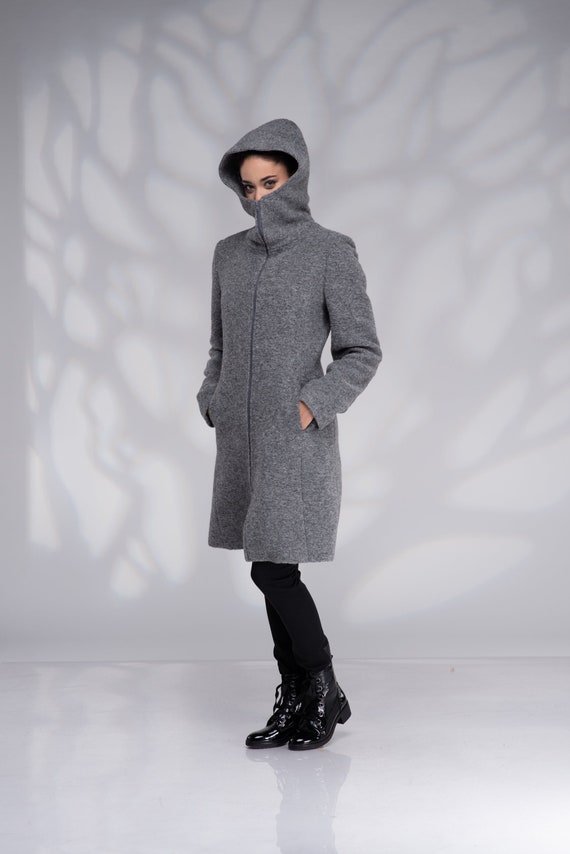 Winter Wool Coat Women, Hooded Coat With Zipper, Boiled Wool Coat