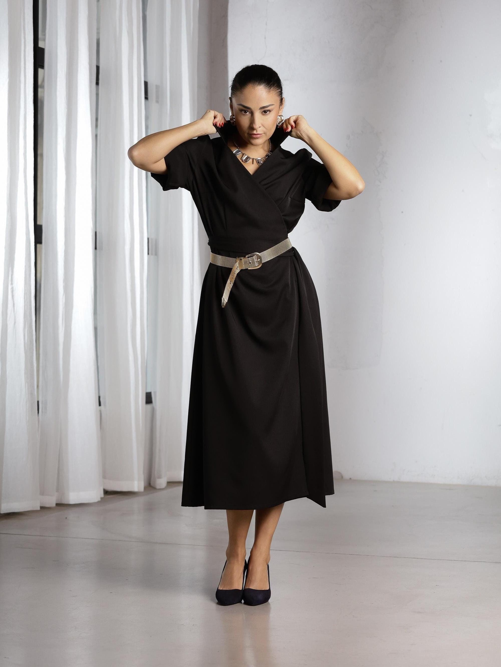 Black Maxi Wrap Dress, Long Elegant Dress with Collar