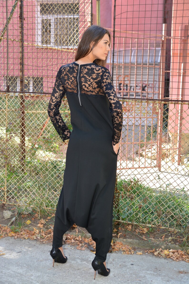 Plus Size Maxi Jumpsuit, Oversize Drop Crotch Harem Jumpsuit, Extravagant Party Loose Jumpsuit, Black Romper with Lace, Danellys D16.02.09 image 5