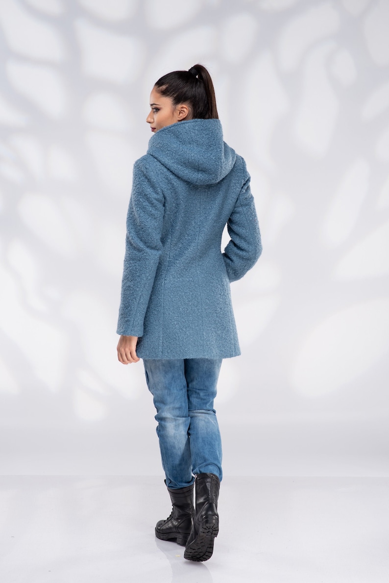 Wool Coat Women, Short Hooded Coat with Zipper image 1