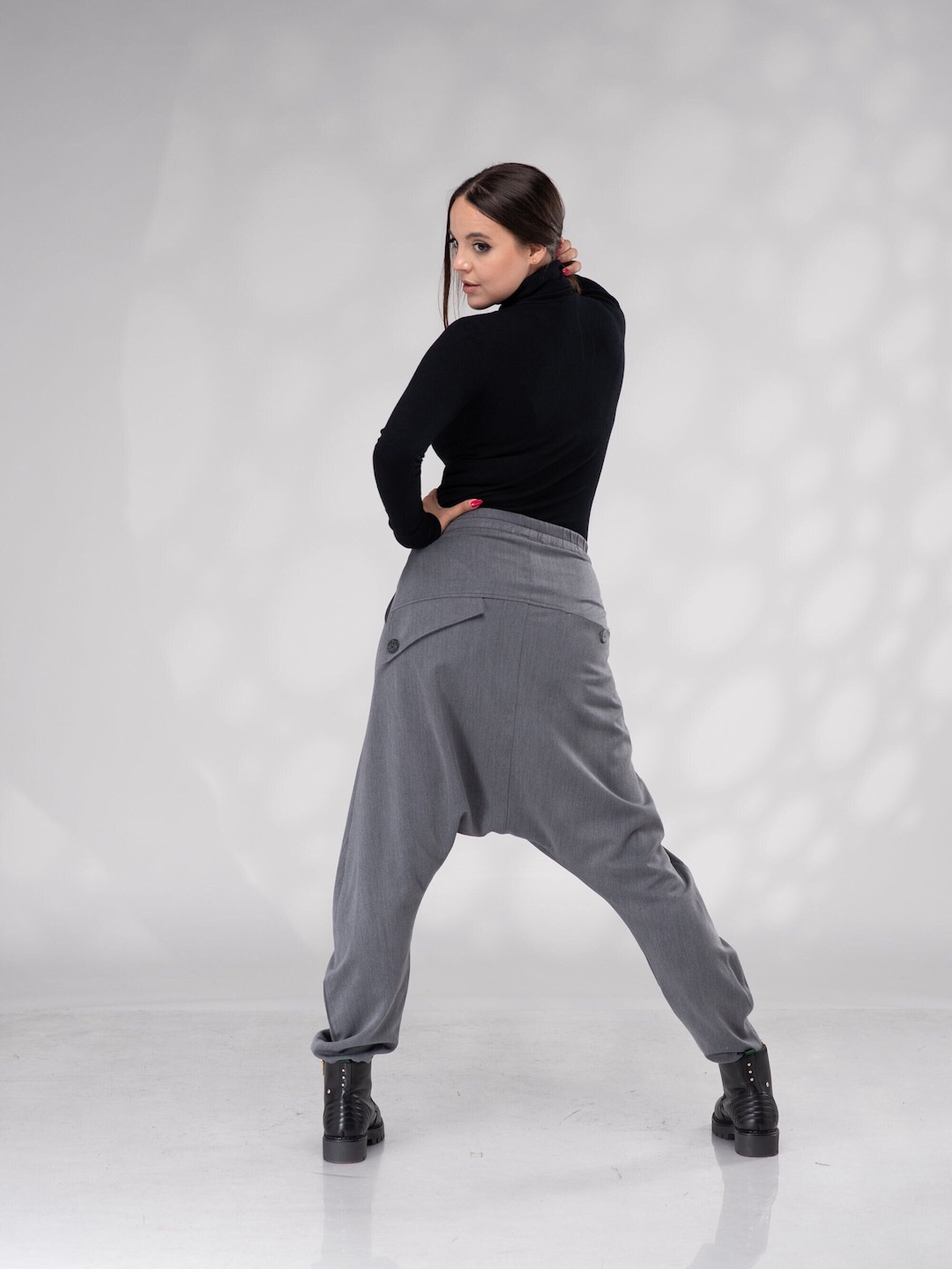 Pantaloni harem unisex da donna, pantaloni in lana con cavallo