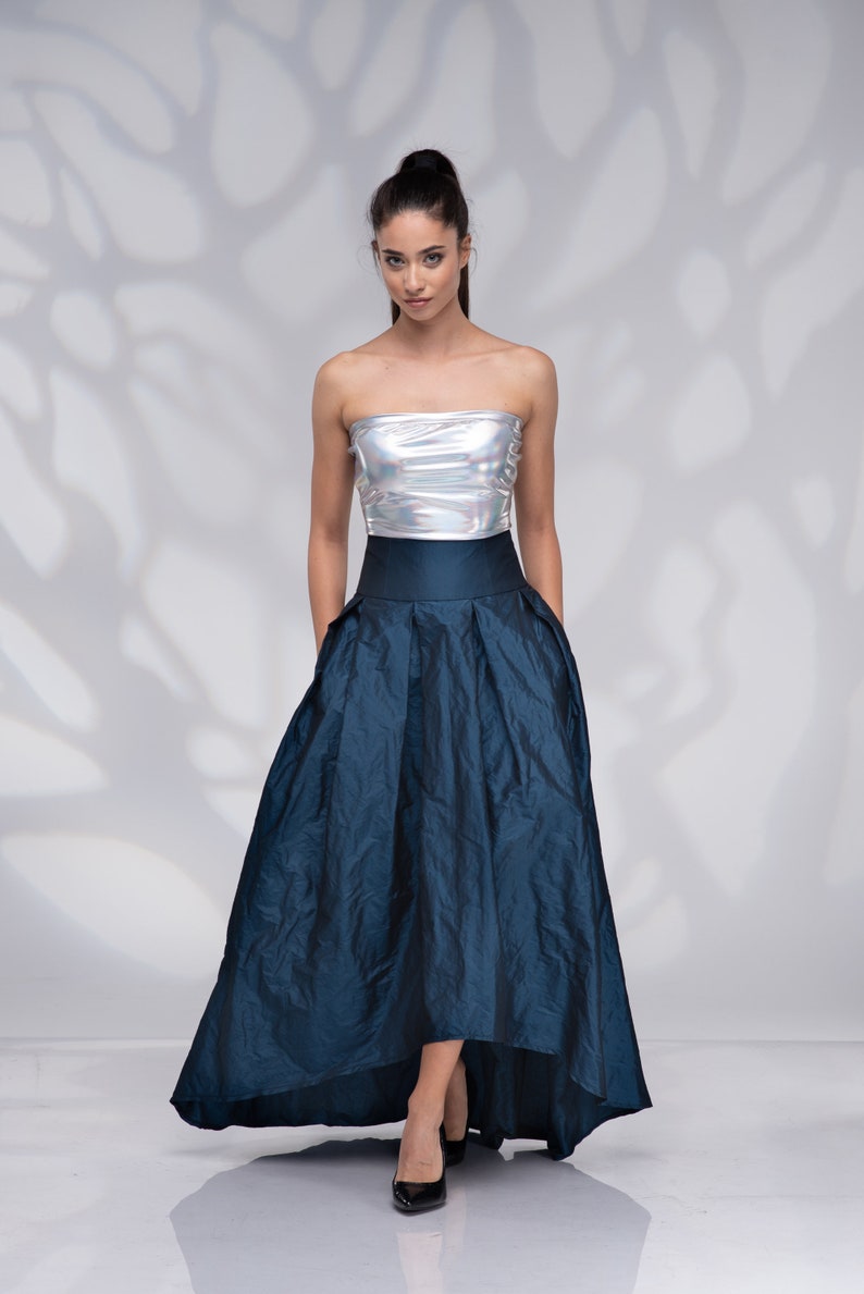 Formele lange maxi rok, hoog getailleerde rok, trouwrok, bruidsrok, blauwe Taffeta rok, asymmetrische rok afbeelding 1
